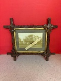 Antique photo in tramp art frame, frame has one piece broken, but its included