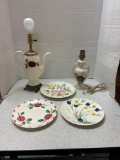 Two blue Ridge pottery lamps and three plates