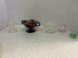 Dugan Carnival glass bowl, Fostoria Navarre small pedestal, art glass vase, cut glass vase, green