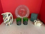 Garfield Memorial glass plate, Lenox swan, German green glass cups