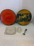 Vintage tins, glassware, cream top ladle spoon