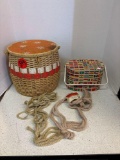 Vintage sewing basket, purse, macrame, plant hangers