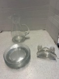 clear glass etched pitcher and plates, candle holder,