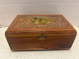 vintage wooden engraved dresser box with vintage glasses