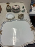 vintage trinket box, tray, perfume bottles, milk glass, hand painted hair receiver