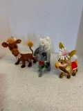 Three vintage flocked animal figurines 1960s
