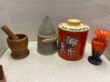 vintage cookie jars, mortar and pestle and colorful vase