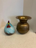 Art glass, rooster, chicken, and Union Pacific brass spittoon