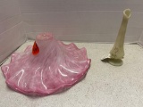 Fenton hand painted and signed vase, small chip, and pink and white scalloped possibly Murano glass