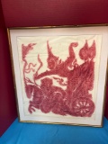 Charcoal Rubbing Thai Siam Sea Dragon Chariot