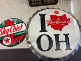 texaco Skychief gasoline and Ohio Budweiser metal signs