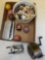 antique fishing reels, button collection, painted eggs