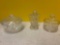 2 covered glass round boxes and Fenton iridized angel