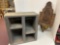 wooden ornate carved wall hanger, and industrial tool shelving