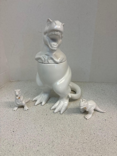 Dinosaur cookie jar, salt, and pepper set