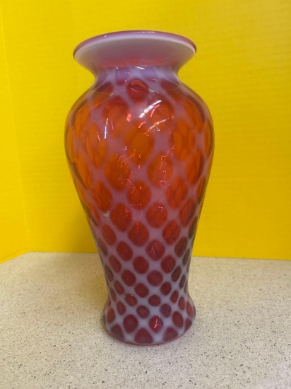 Fenton cranberry opalescent lattice, drapery vase