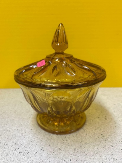 Amber honey Colored glass covered candy dish