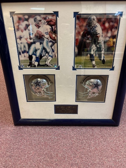 Dallas Cowboys football Troy Eggman and Emmett Smith signed photos and mini helmets in framed