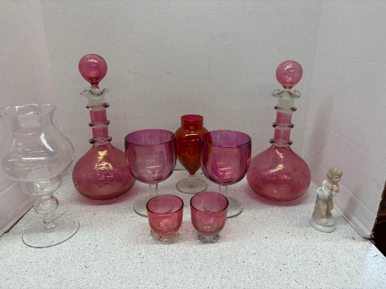 Pair of cranberry glass, crackle glass decanter, more