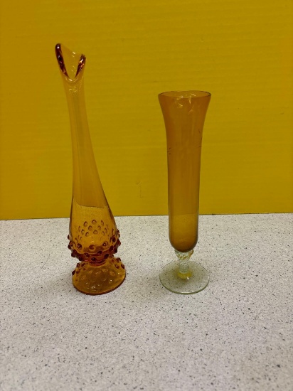 Amber hobnail swung vase and etched vase