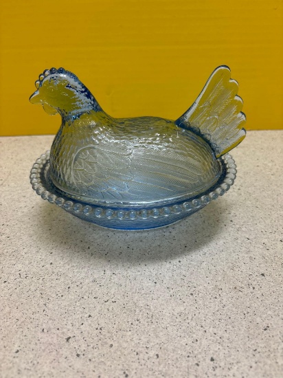 Fenton blue hobnail hen on nest