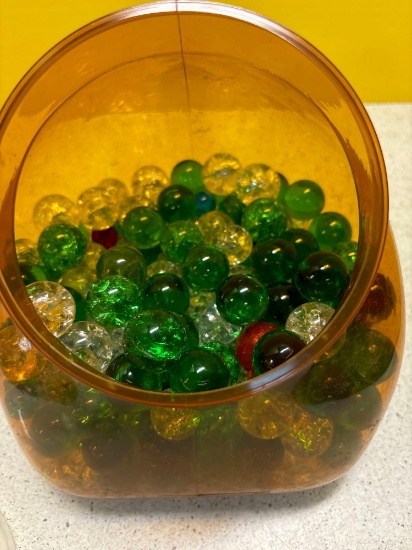 Jar of ornamental glass balls