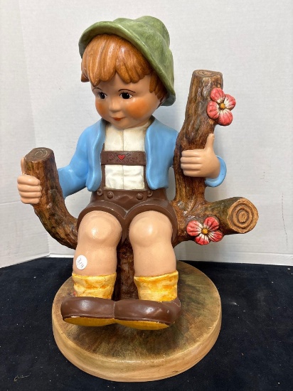 Little boy sitting on a tree stump 20 inches tall