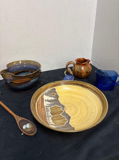 Studio pottery painted spoon cobalt blue pitcher
