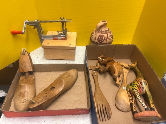 wooden shoe molds, wooden carved animals, apple peeler and more