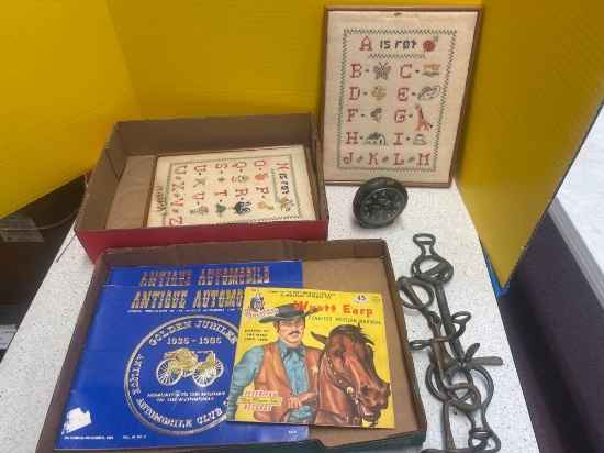 vintage Crosstitch ABCs signs, Westlox baby BFN, Wyatt Earp, antique automobile