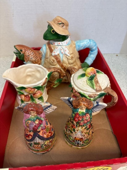 Frog fisherman, teapot sugar and creamer