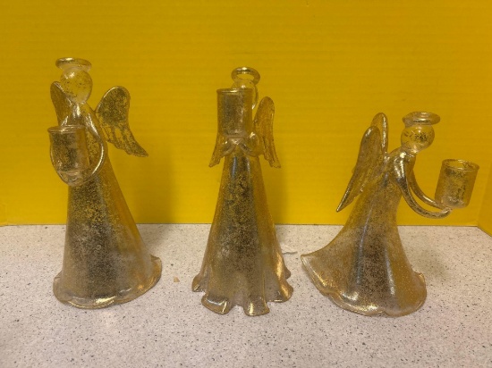 3 Glass angel candleholders with gold flecks