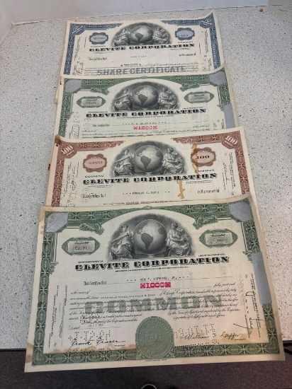 4 stock certificates, CLEVITE Corporation