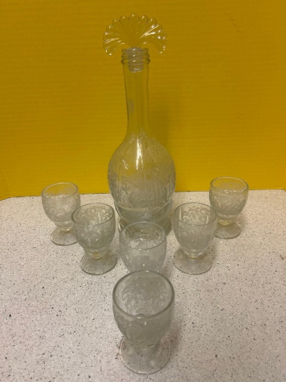 elegant etched glass decanter, and 6 matching stems