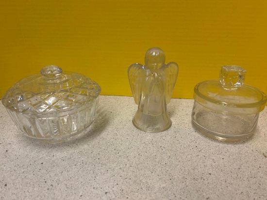 2 covered glass round boxes and Fenton iridized angel