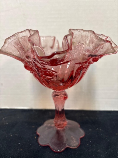 Fenton cranberry pink ruffled edge, compote, or candy dish