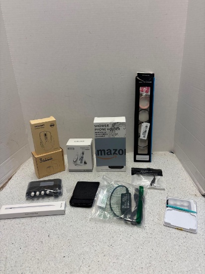 Phone chargers, cordless mouse, shower phone holder, etc.