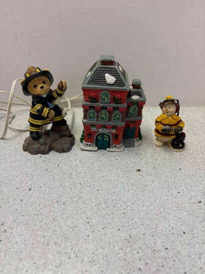 Lighted fire house and 2 firefighter bears