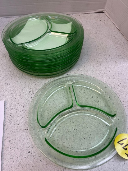 set of 9 vintage depression, glass uranium green glass divided Grill plates