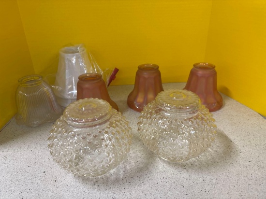 Antique glass chandelier, shades, and others