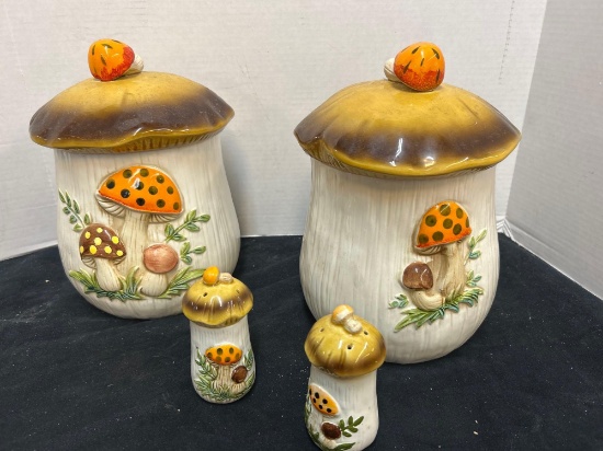 vintage sears mushroom shaker, and canister set