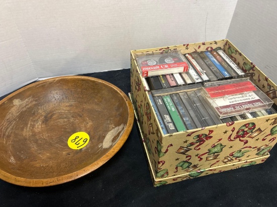 vintage tapes and wooden bowl