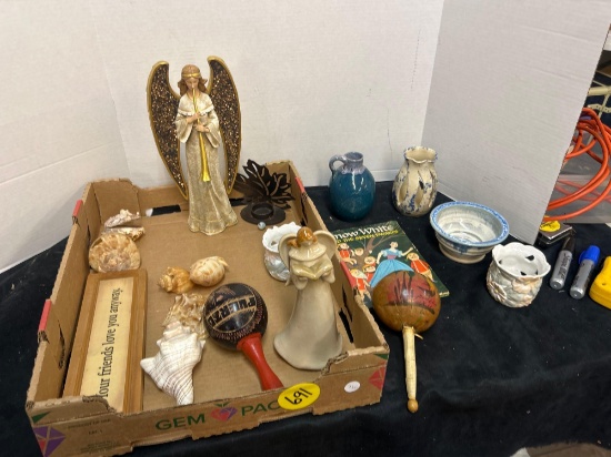 vintage maracas, ceramic, pottery, angel figures, shells, etc.