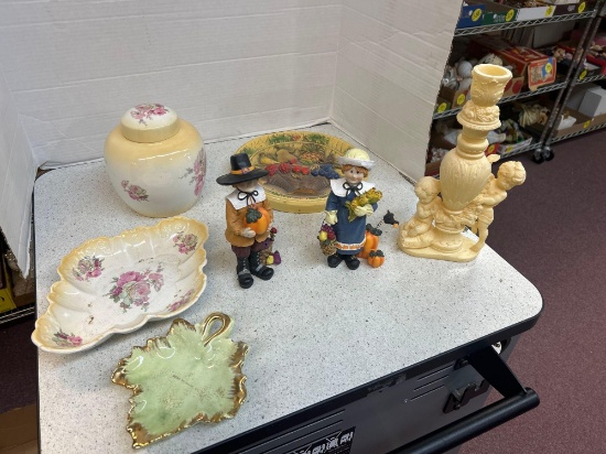 thanksgiving figures, candle holder, old Foley pottery, etc.