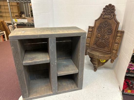 wooden ornate carved wall hanger, and industrial tool shelving