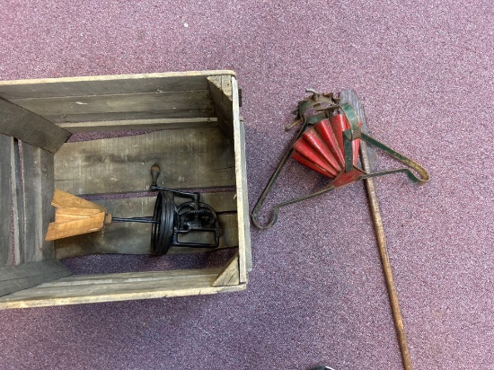 vintage DAZEY butter churn metal Christmas tree stand in wooden crate