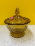 Amber honey Colored glass covered candy dish