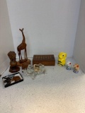 Wood ceramic and glass elephants