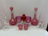 Pair of cranberry glass, crackle glass decanter, more