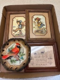Two Hummel pictures, Chalkware bird, Small sampler